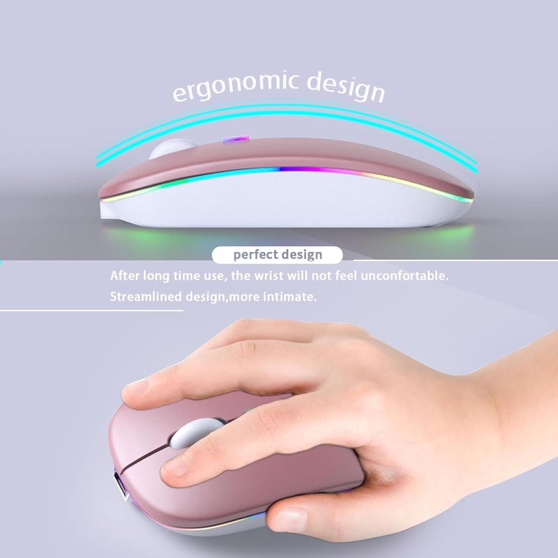 KANMABPC Wireless Bluetooth Mouse – Rechargeable, Silent, Dual Mode (Bluetooth 5.2 & USB) with LED Lights – Portable for Laptop, Desktop, & Tablet(Rose Gold) - Image 5